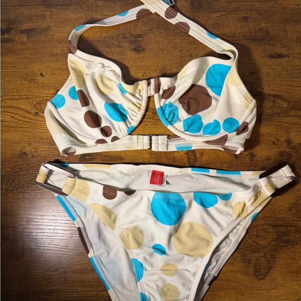 Vintage Esprit Polka Dot Bikini Set - Cream, Blue, and Brown Top M, Bottom L